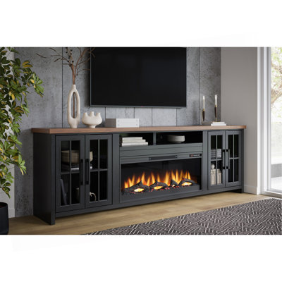 97 Inch Fireplace TV Stand Console For Tvs Up To 100 Inches, Minimal Assembly, Black And Whiskey Finish