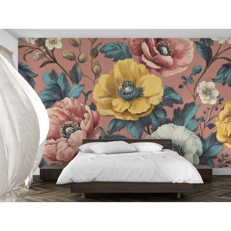 Papier peint floral rétro - Grand papier peint fleurs botaniques, L 165 po x l 120 po, Non-tissé de qualité supérieure