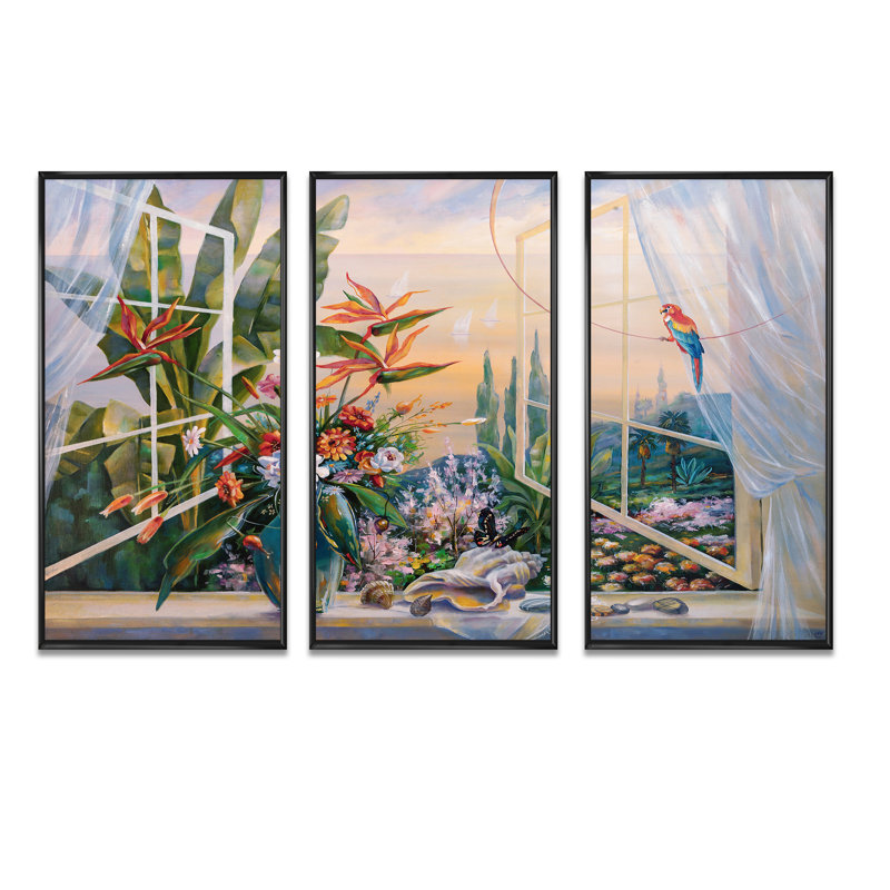 Printemps du soir à Sotchi, fleurs tropicales, ensemble de 3 toiles encadrées, Noir, H 28 po x l 36 po x P 1 po