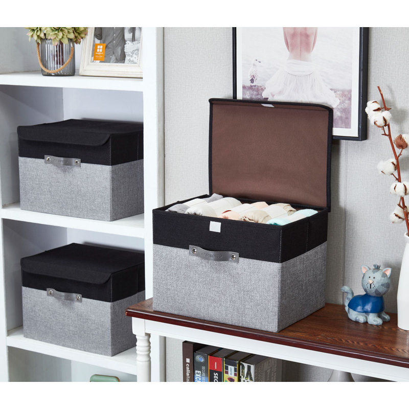 Foldable Lidded Storage Bin [3-Pack] Collapsible Sturdy Cationic Fabric Storage Basket Cube W/Handles, Grey/Black