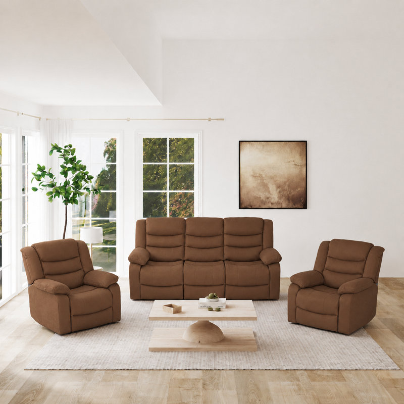 Ensemble de salon inclinable manuel en microfibre 3 pièces, Brown