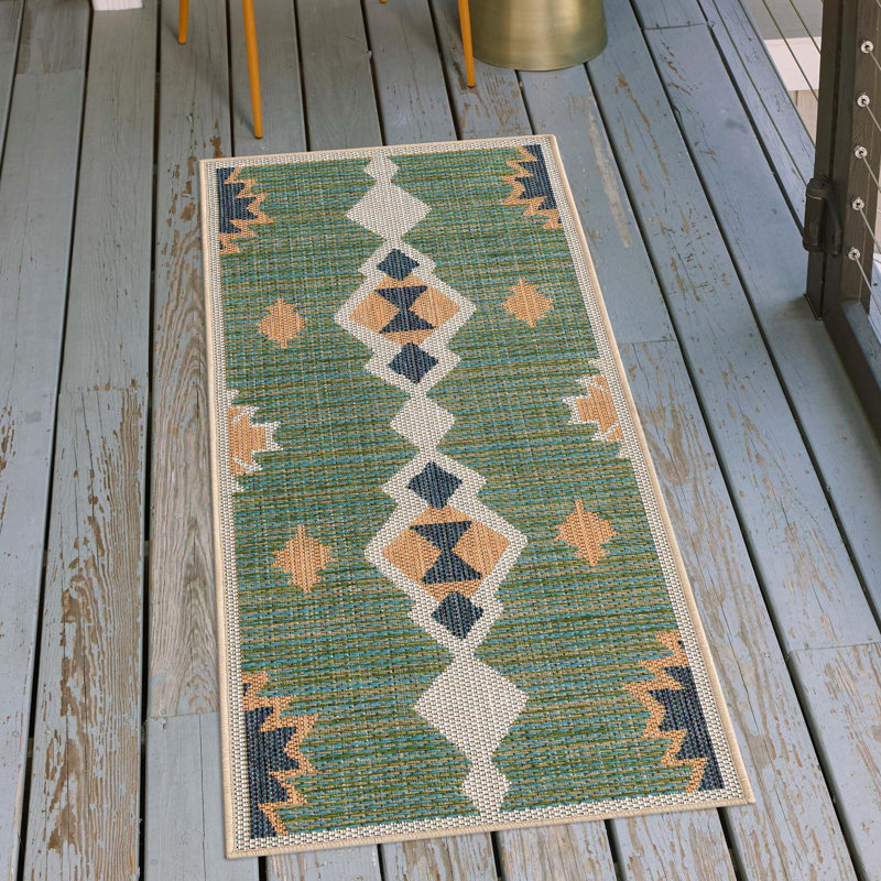 Tapis d'intérieur / extérieur vert Lauryn, Tapis de couloir 2 pi x 7 pi 1 po