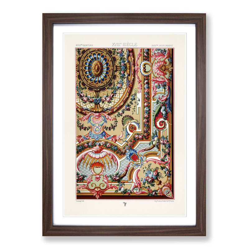 Romantic 18th Century Pattern by Albert Racinet - Picture Frame Painting Print, 50cm H x 35cm W x 2cm D, Walnut