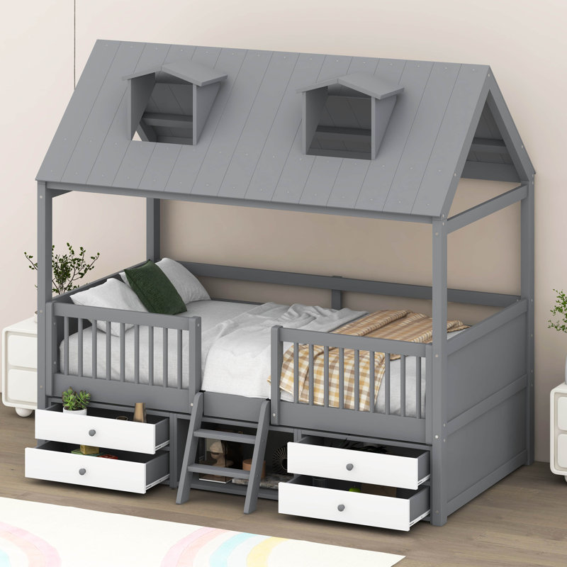 Queshon Solid Wood House Storage Bed, Twin, Gray