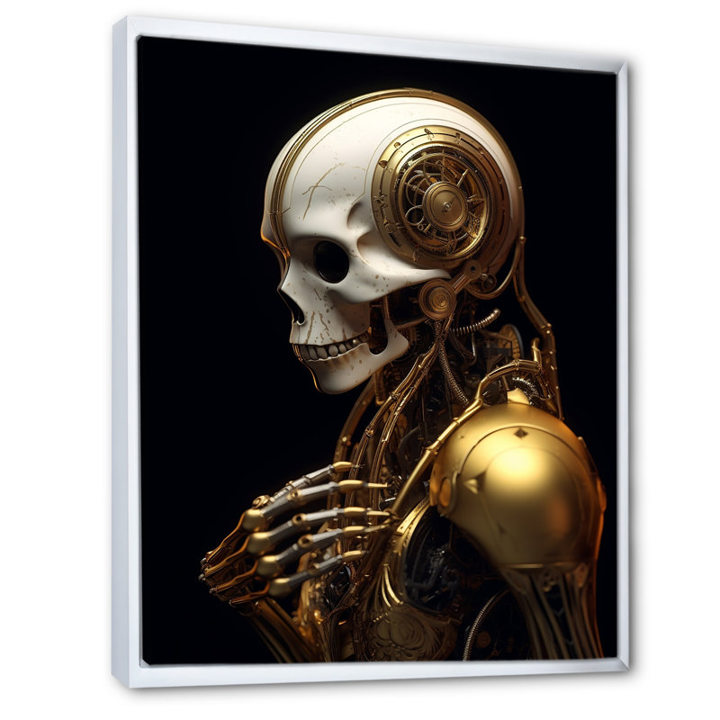 Robot doré doré sur toile, H 32 po x l 16 po x P 1 po, Cadre flottant blanc