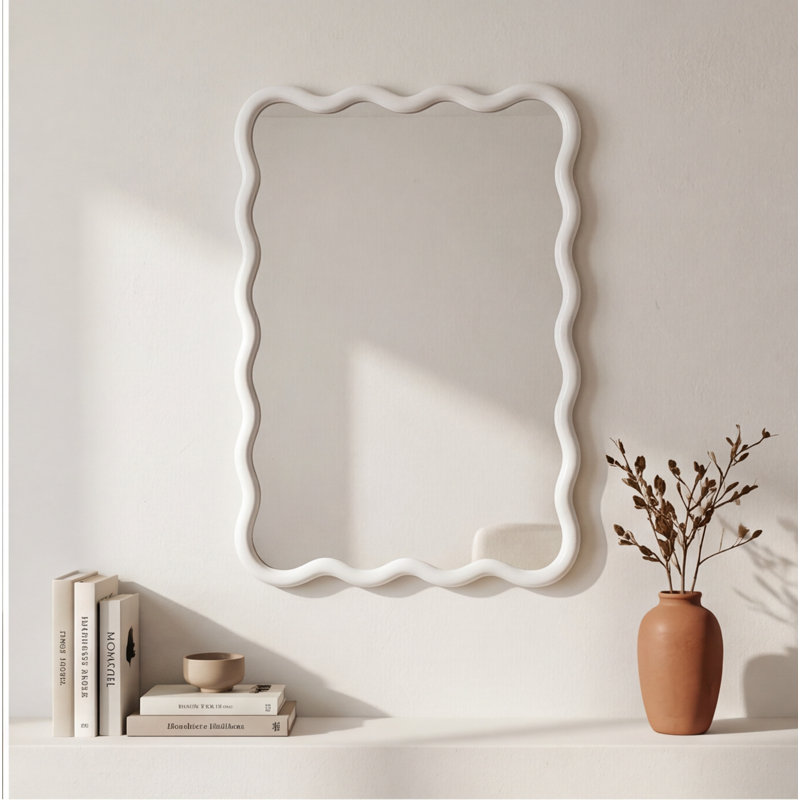 Miroir mural blanc rectangulaire en bois massif ondulé 20 po x 30 po - Décoration pour chambre à coucher, salle de bain, salon, entrée