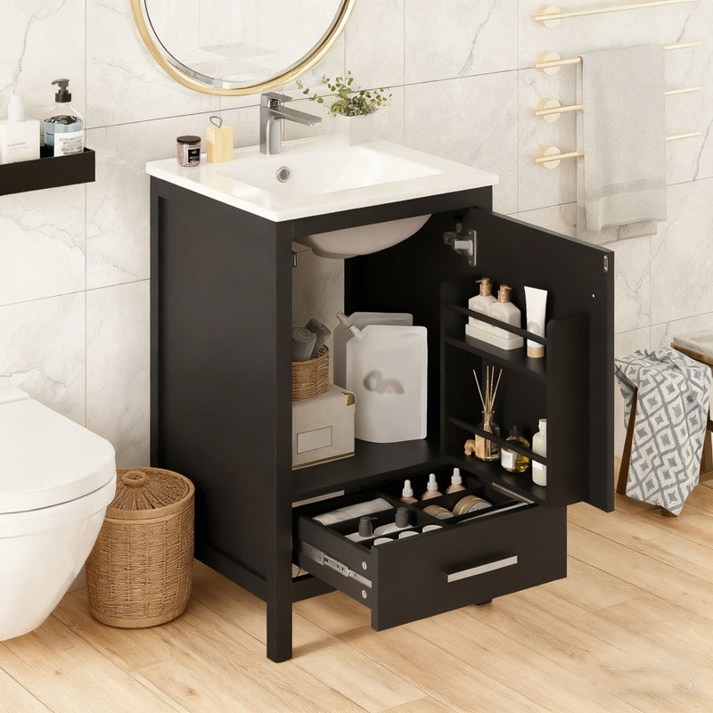 Meuble-lavabo moderne de 20 pouces avec lavabo en céramique et tiroir et porte à fermeture en douceur, Noir