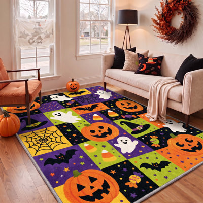 Tapis d'Halloween à motifs effrayants, noir et orange, lavable à la machine, à poils courts, antidérapant