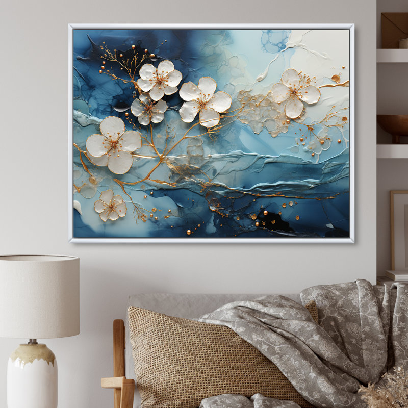 Encre liquide blanche et bleue II - Fleurs, art mural, Cadre flottant blanc, H 24 po x l 32 po x P 1 po