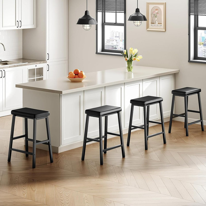 Bar Stools, 24" Set Of 2 Bar Chairs, PU Leather Upholstered Breakfast Stools, Easy Assembly, Suitable For Kitchen, Bar, Dining Room, Black