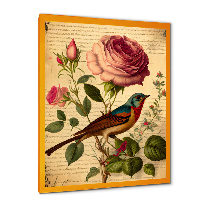 «Pink Rose on Retro Parchment II», reproduction sur toile, H 44 po x l 34 po x P 1,5 po, Encadrement doré