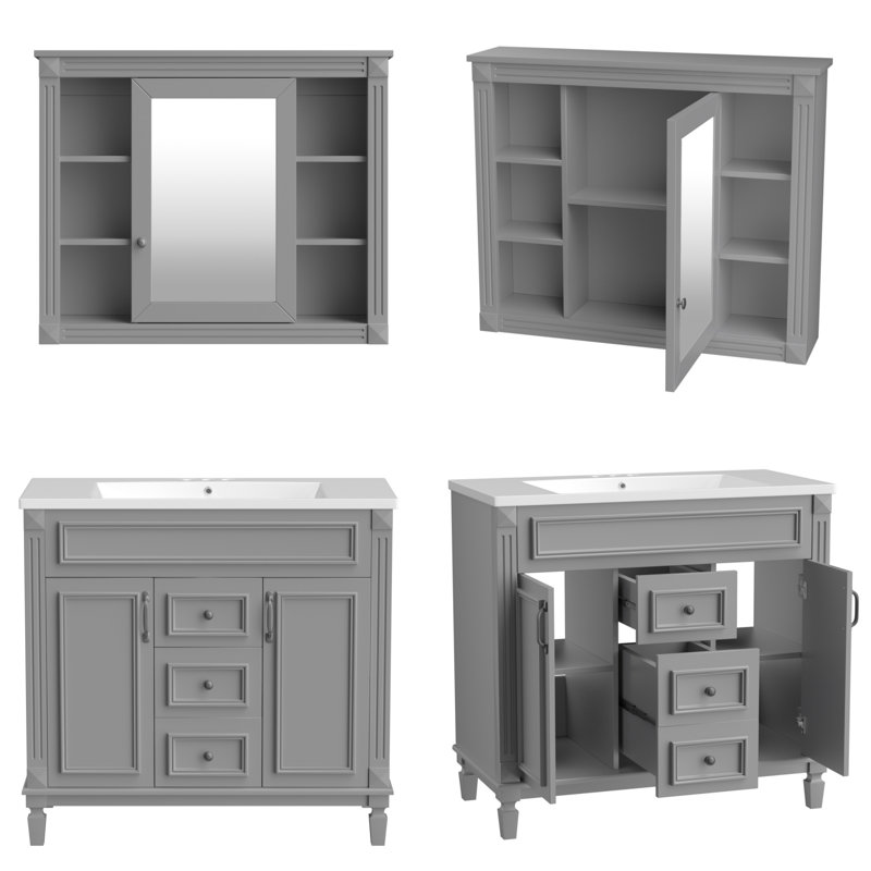 Ensemble de meuble-lavabo simple 35,1 po avec plateau en résine et miroir Deantwon, Gris