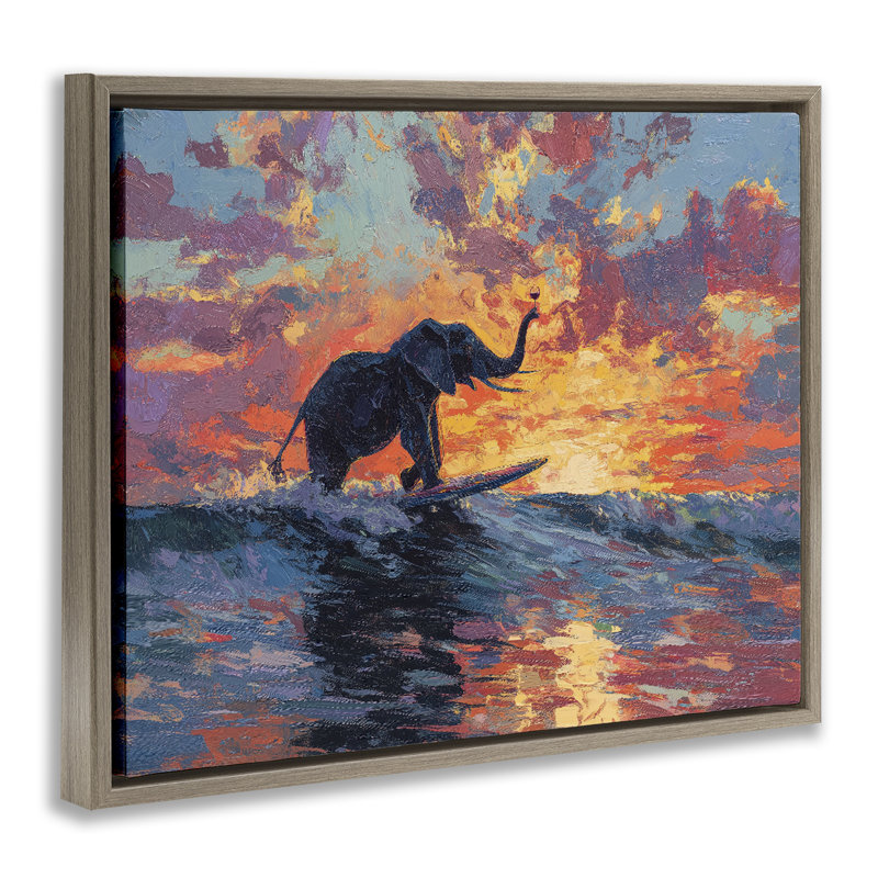 Cadre flottant Sunset Surf Elephant, design par Ziwei Li, Cadre flottant orme Montalcino, H 17 po x l 21 po