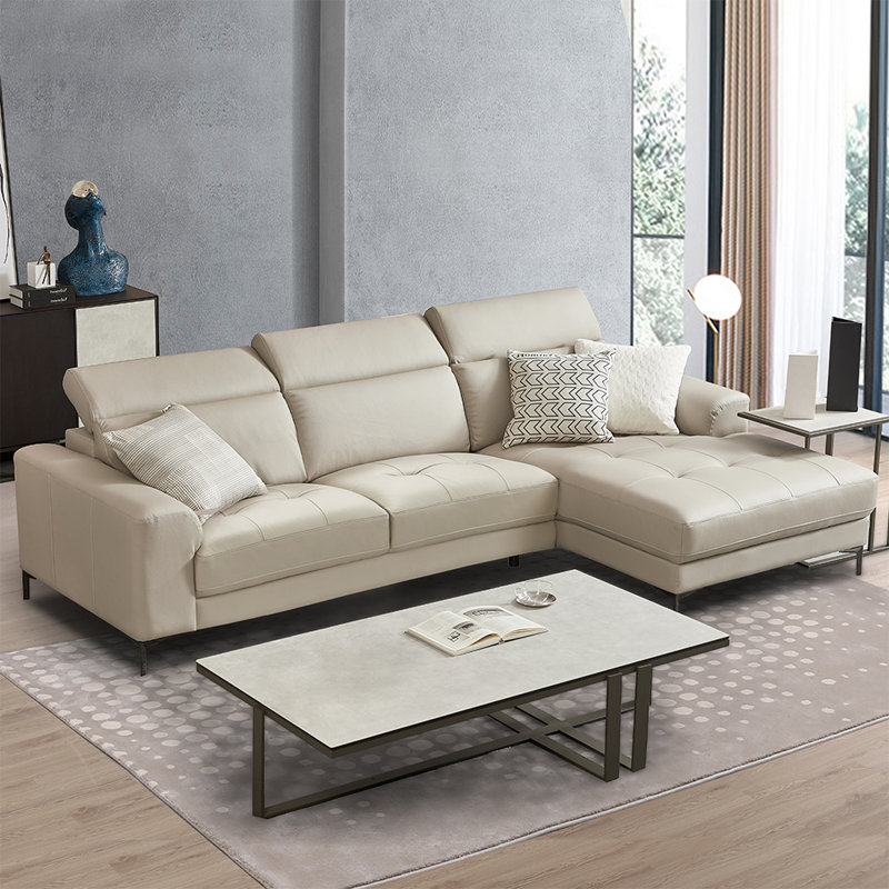 Canapé modulaire en cuir véritable Beele, canapé modulaire, méridienne orientée à droite avec appui-tête réglable