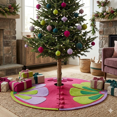 Jupe d'arbre de Noël en feutre faite à la main - Fleurs sur fond rose - 60 po