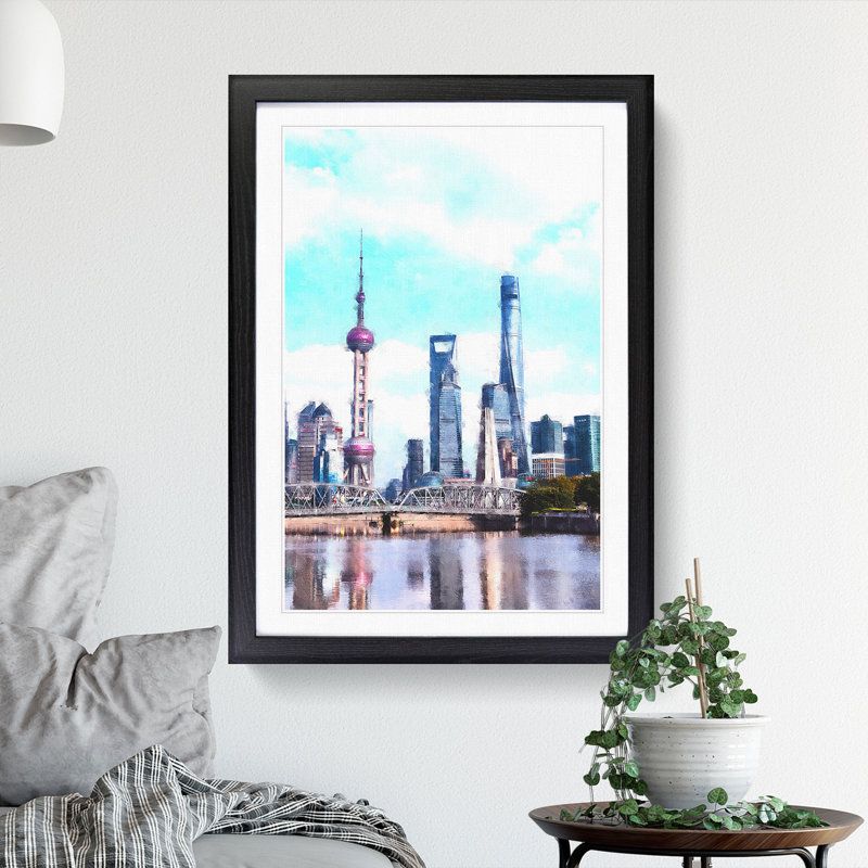 Shanghai Skyline Reflection - Picture Frame Painting Print, 63cm H x 45cm W x 2cm D, Black Framed