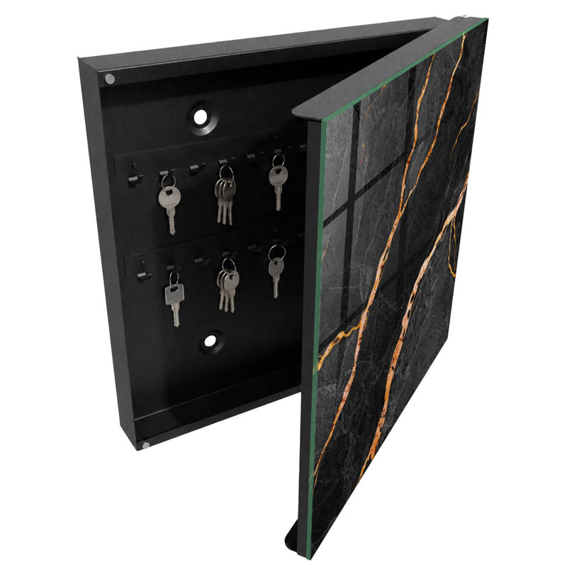 Key cabinet for home, Opens to the right, 30x30x5, White, Marble structure with dynamic lines, , Black/Orange