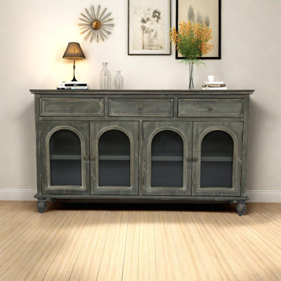 59.06'' Farmhouse Sideboard Buffet Cabinet with 3 Drawers and 4 Fluted Glass Doors