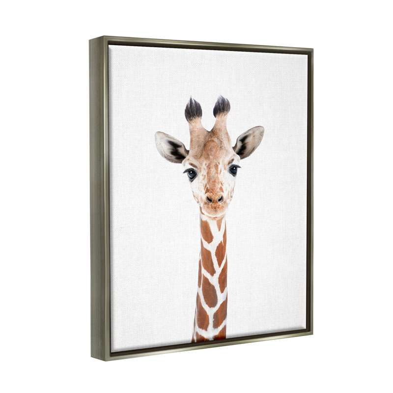 Girafe sur fond blanc encadré sur bois par Sissi et Seb, impression, H 31 po x l 25 po x P 1,7 po, Cadre flottant gris lustré