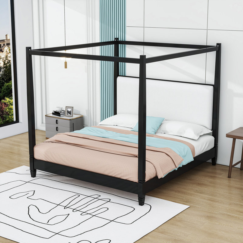 Canopy Bed with Upholstered Headboard, Noir, Très grand lit