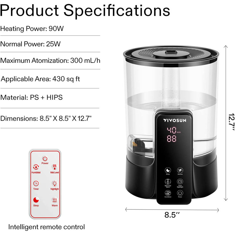 VIVOSUN 1.58 Gallons Dual Mist Ultrasonic Tabletop Humidifier with Adjustable Humidistat for 430 Cubic Feet