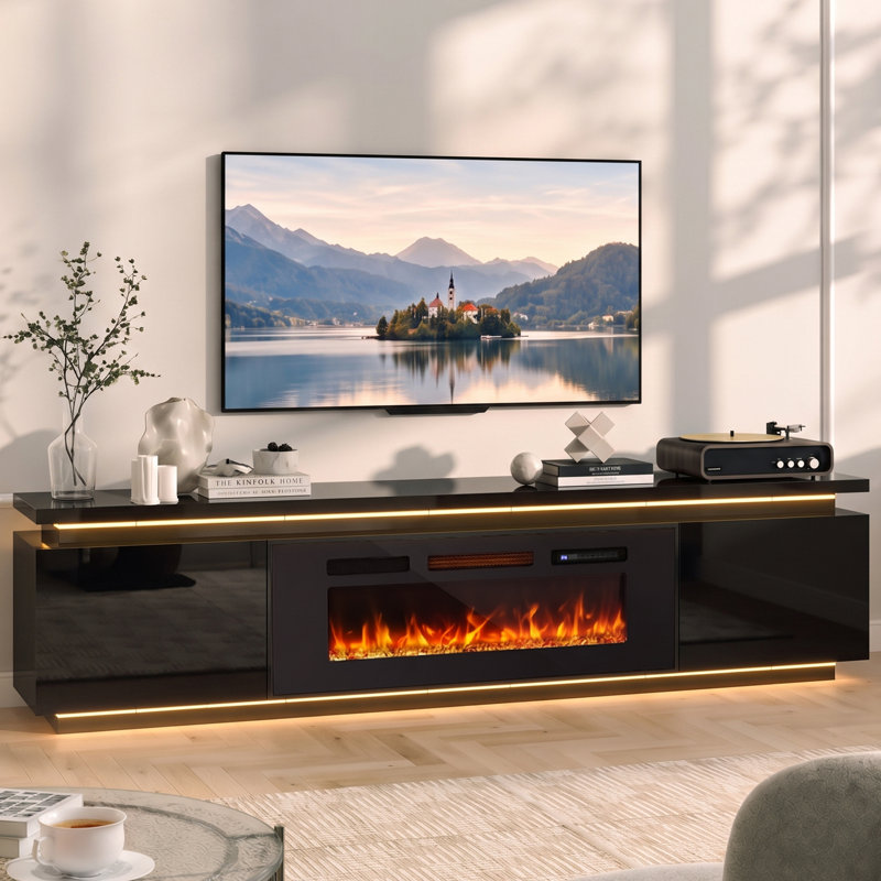LED TV Stand With 40" Electric Fireplace For Tvs Up To 90", TV console with 4 AC Power Outlets for Living Room, Black, Black