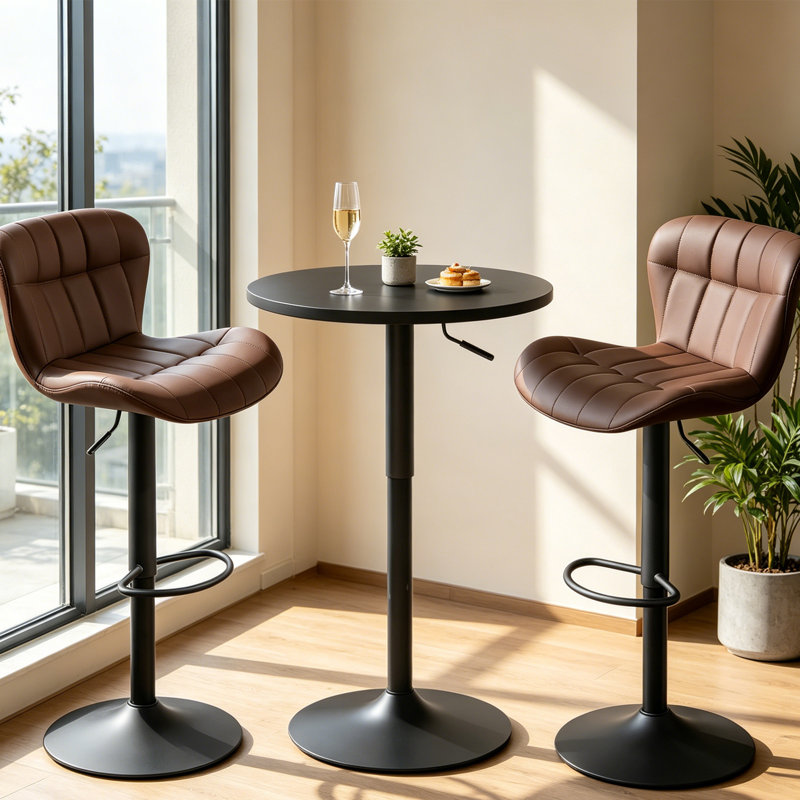 3 Piece Height-adjustable Pub Table And Leathered Pedestal Bar Stool Dining Set, Brown