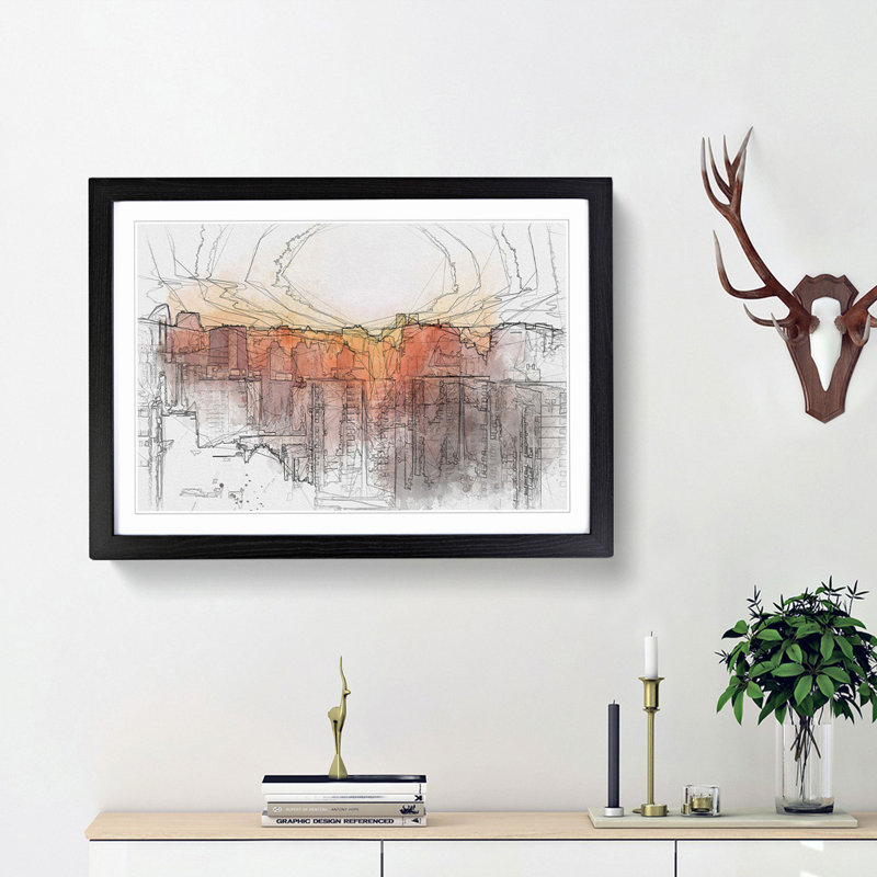 The Beijing Skyline at Sunset in Abstract - Picture Frame Drawing Print, 36cm H x 48cm W x 2cm D, Black Framed