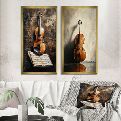 Lumière chaude sur les cordes I - Tableau encadré en deux parties représentant un violon