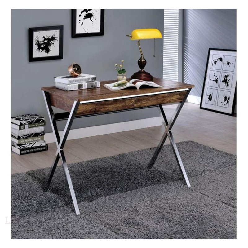 Élégant bureau d'écriture rectangulaire avec rangement spacieux à 2 tiroirs, plateau en chêne patiné et pieds chromés en forme de X