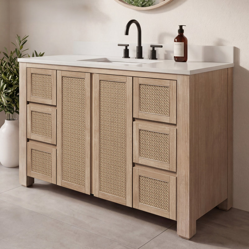 Ensemble de meuble-lavabo simple autoportant 48 po avec plateau en marbre d'ingénierie et lavabo en céramique blanche Belmont