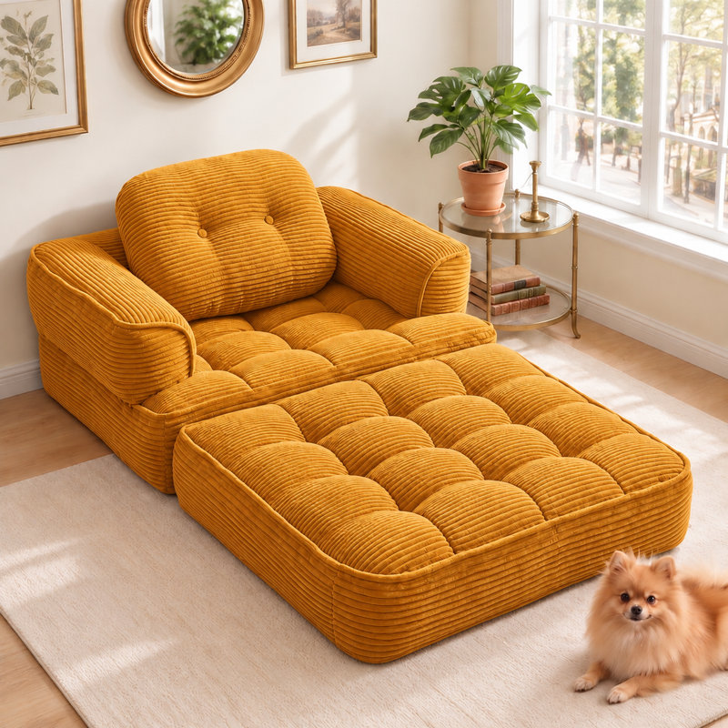 Fauteuil convertible surdimensionné en velours côtelé avec éponge à rebond élevé et coussin, Orange