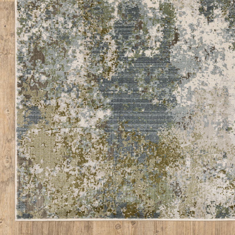 Tapis bleu / vert / ivoire Belinda, Rectangle 3 pi 3 po x 5 pi