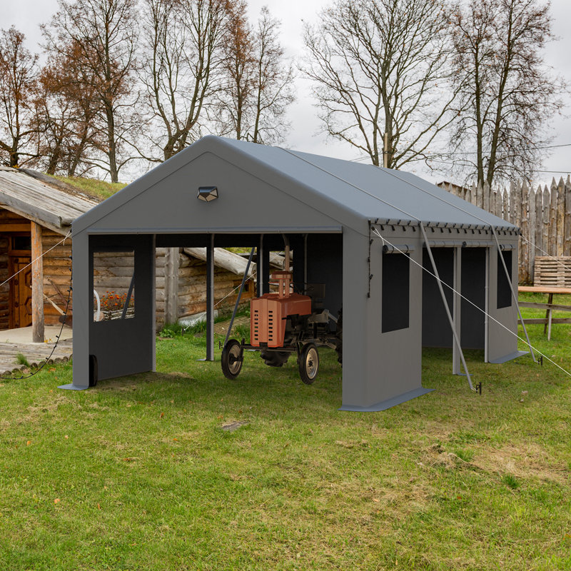 13 Ft. W x 25 Ft. D Galvanized Steel Frame Outdoor Heavy Duty Garage With Breathable Windows And Side Door - Gray