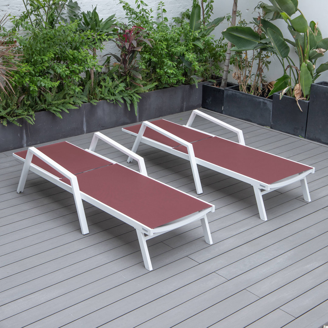 Marlin Outdoor Patio Reclining Chaise Lounge Arm Chair with White Powder-Coated Aluminum Frame- Breathable Sling Mesh Fabric, Adjustable Backrest (Set of 2) Brayden Studio® 