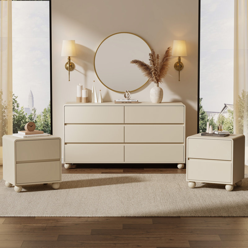 Ensemble de chambre à coucher 3 pièces, commode 6 tiroirs et ensemble de table de chevet 2 pièces, Beige