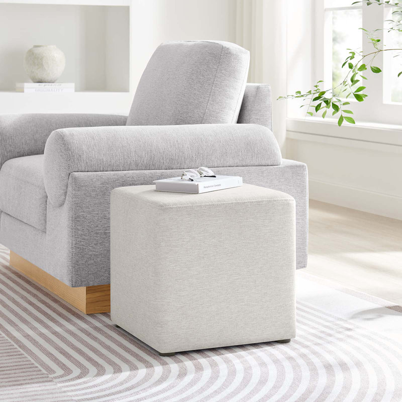 Callum 17" Square Woven Heathered Fabric Upholstered Ottoman, Heathered Weave Ivory Polyester Blend