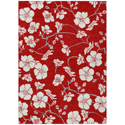 9' X 12' Red Ivory And Gray Floral Washable Indoor Outdoor Area Rug