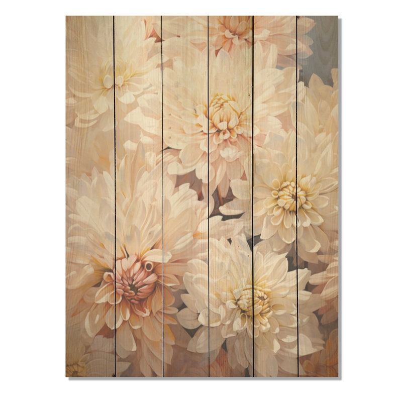 «Beige Chrysanthemums Dream Collage», art mural sur bois de pin naturel, H 32 po x l 24 po