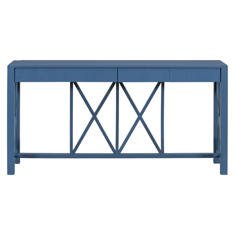60''Acacia Veneer Console Table With 4 Spacious Drawers, Modern Crisscross Design Entryway Table With Open Bottom Storage,Farmhouse Sofa Table For Living Room,Kitchen,Dining Room,Hallway