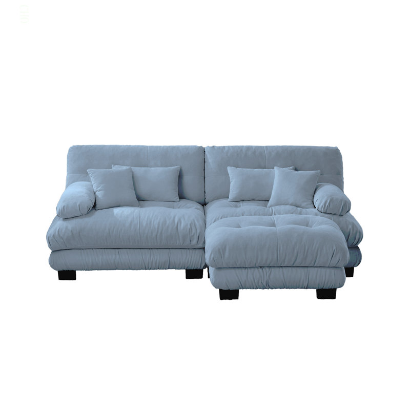 Cloud Couch Sectional Sofa For Living Room, Chenille 2 Seater Sofa With 2 Lumbar Pillows And 2 Throw Pillows , Upholstered Wide Arm Sofa With Convertible Ottoman,Chenille Blue