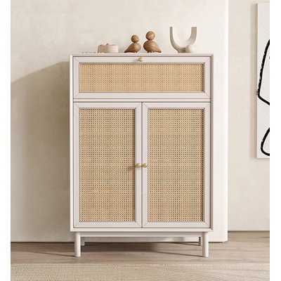 French-Style Wicker-Weave Solid Oak Shoe Cabinet