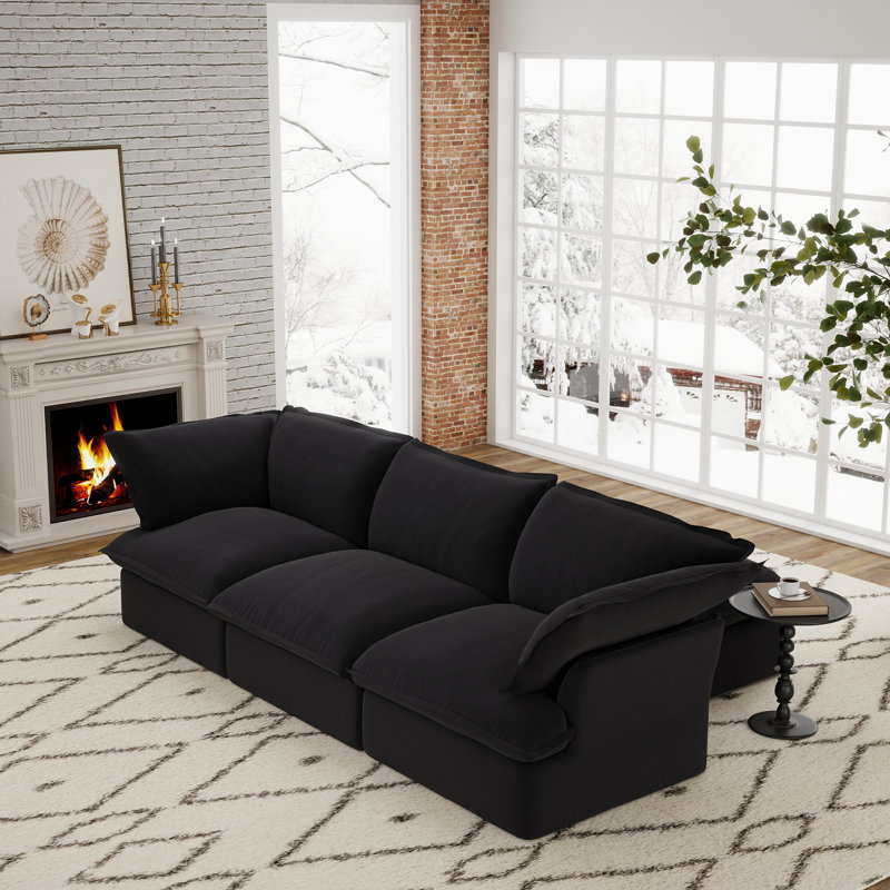 Ensemble modulaire rembourré 5 pièces en tissu de lin avec repose-pieds de rangement 5 pièces, Noir