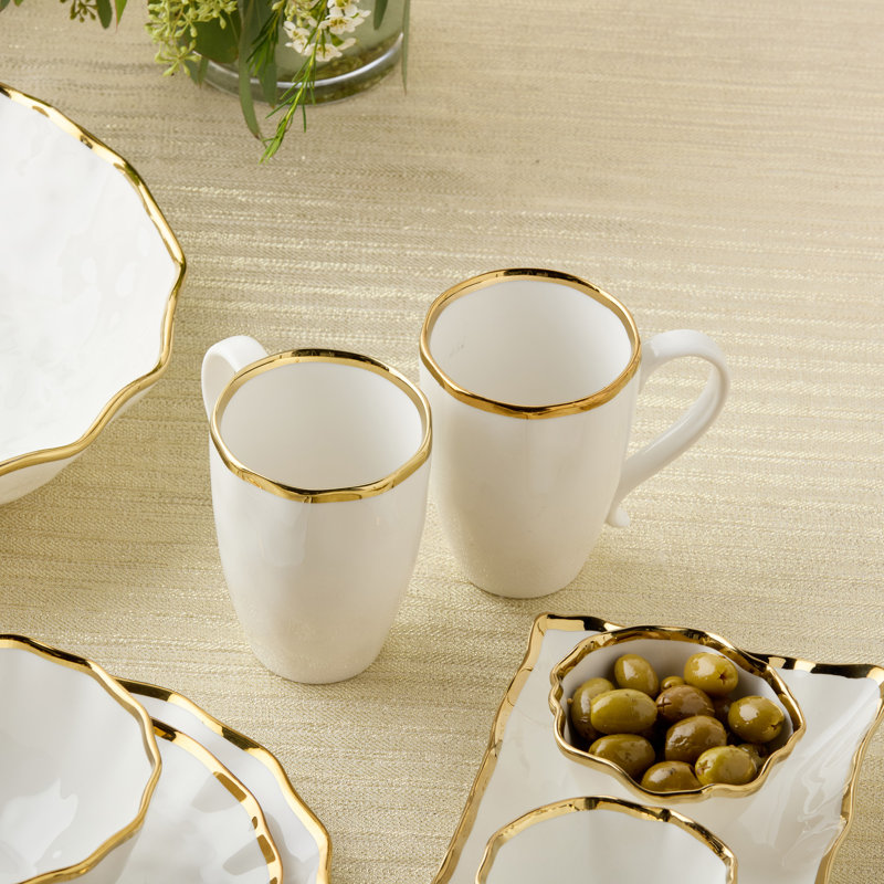 Set of 4 White Ceramic Mugs with Gold Trim, 18oz