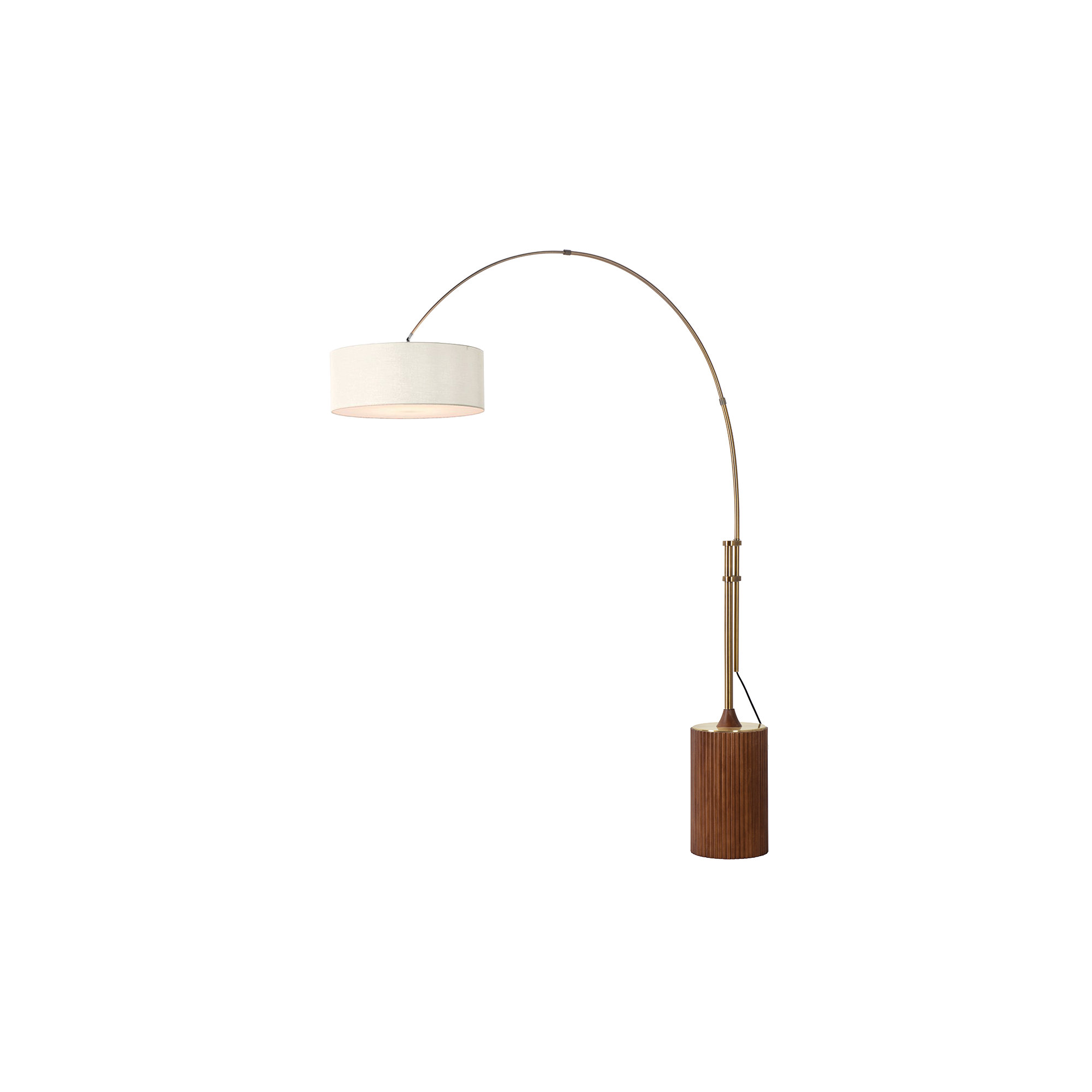 Tambo Arc Floor Lamp - Dark Walnut Wood Finish, Weathered Brass, Tambour base, White Linen Shade, Di, Dark Walnut