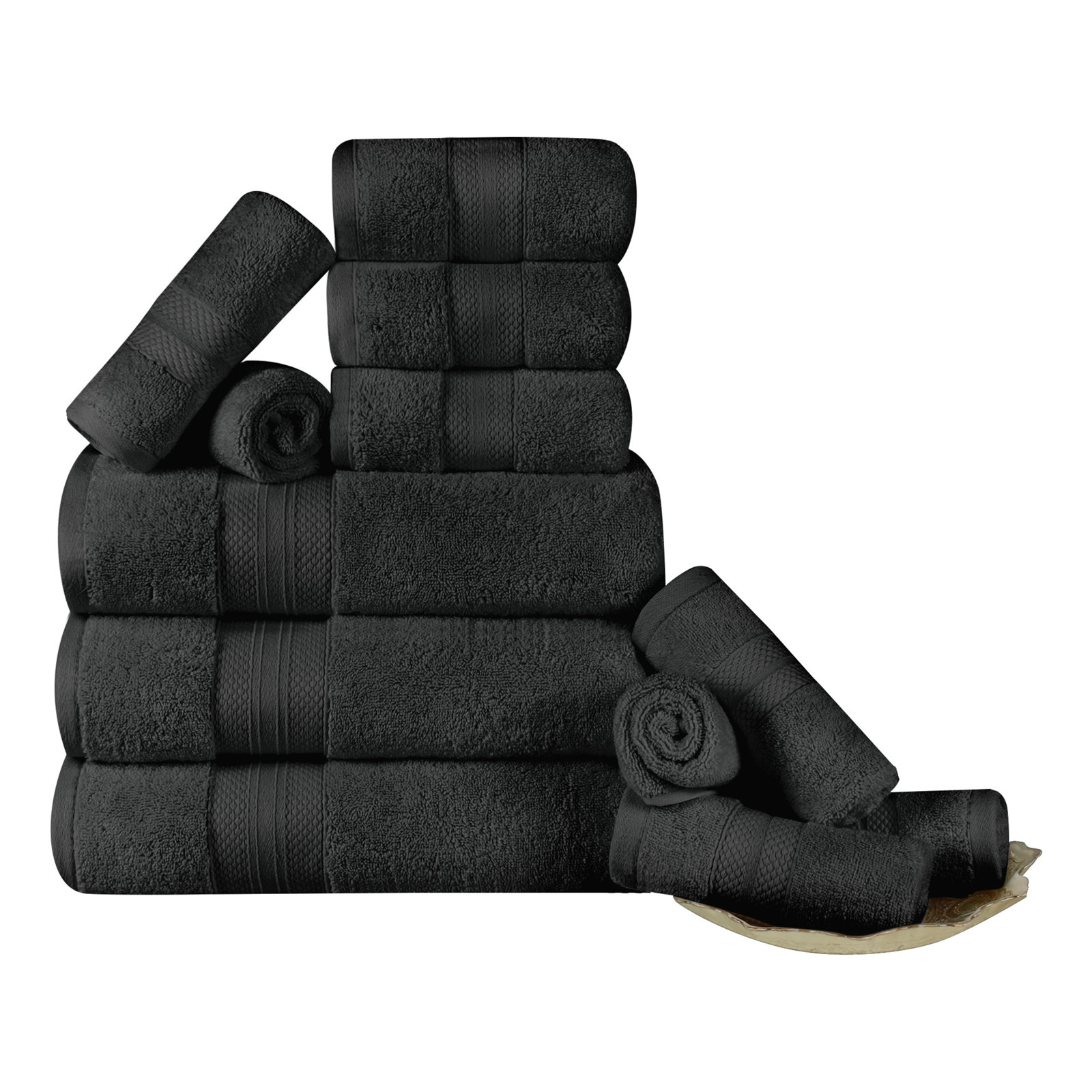 Finnian Ultra-Plush Heavyweight, 100% Turkish Towel Collection, Black, 12 Piece Towel Set