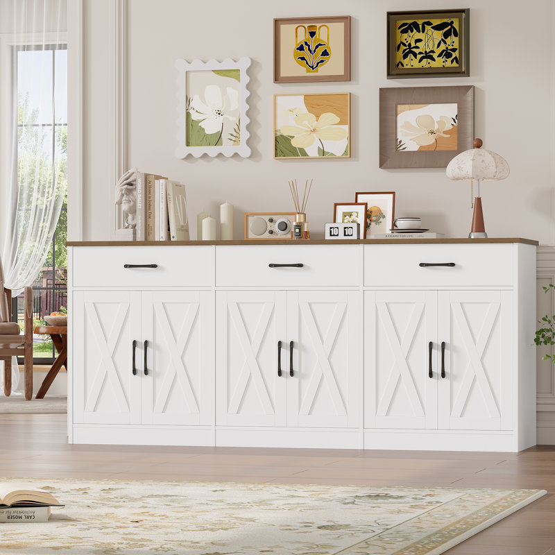 70.9"W Farmhouse Style Sideboard With 3 Drawers, 6 Door Buffet Cabinet For Bedroom, Kitchen, Dining Room, White