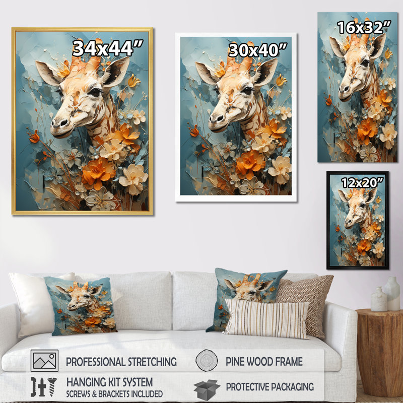 «Blue and beige Giraffe Portrait», art mural sur toile girafe, Cadre flottant blanc, H 32 po x l 24 po x P 1 po