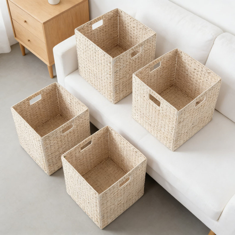 Woven Storage Baskets, Set Of 4 Hyacinth Organizer Cubes With Metal Frame For Home Organization In Bathroom, Bedroom, And Laundry