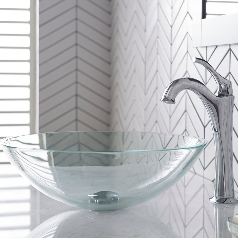 Glass Circular Vessel Bathroom Sink with Faucet, Chrome